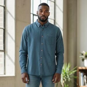 MARINE LAYER Men's Long Sleeve Button Down Shirt Green Navy Gingham, M/L Marge
